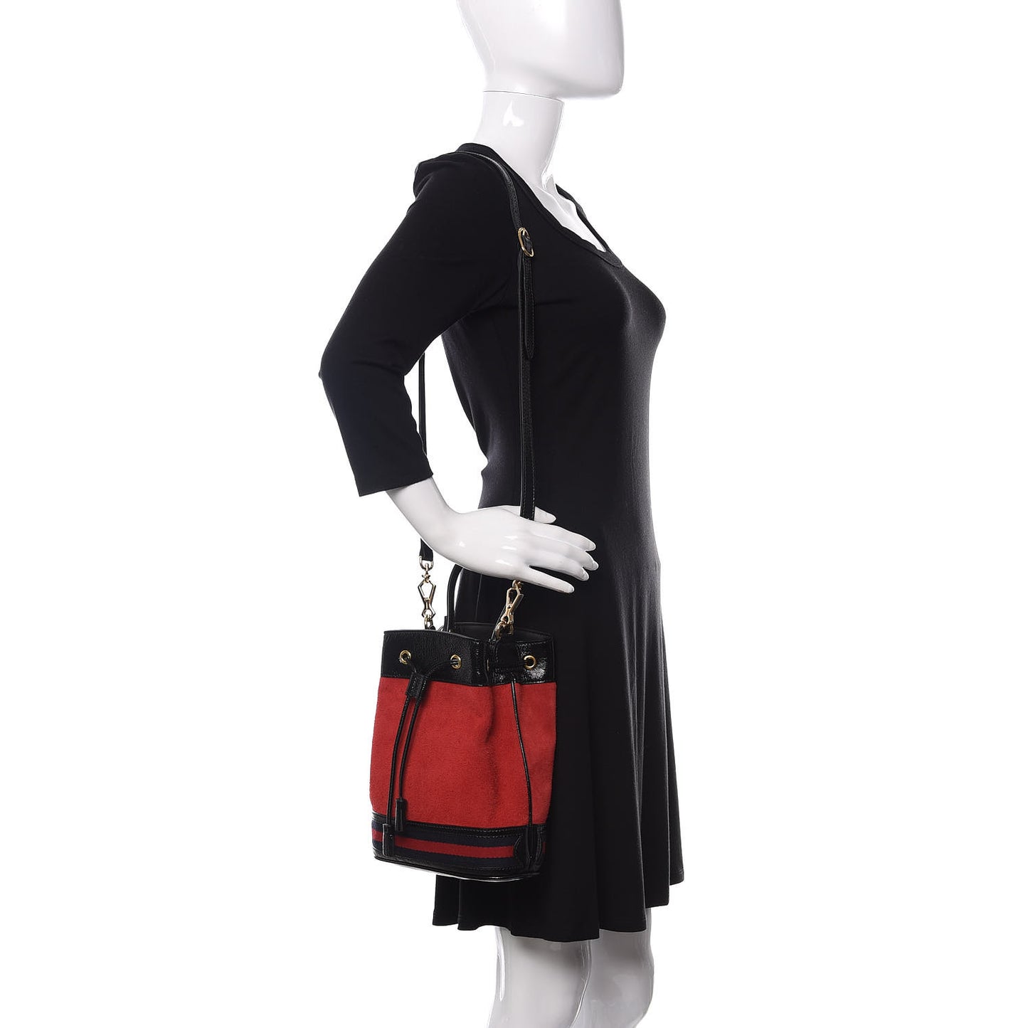 Suede Patent Web Small Ophidia Bucket Bag Hibiscus Red Black