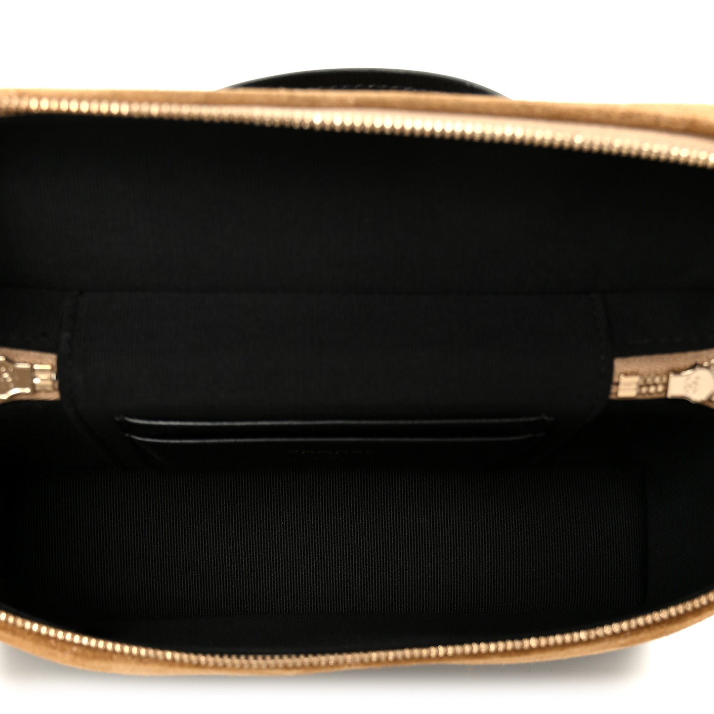 Suede Calfskin Shiny Lambskin Stitched Top Handle Slim Vanity With Chain Beige Black