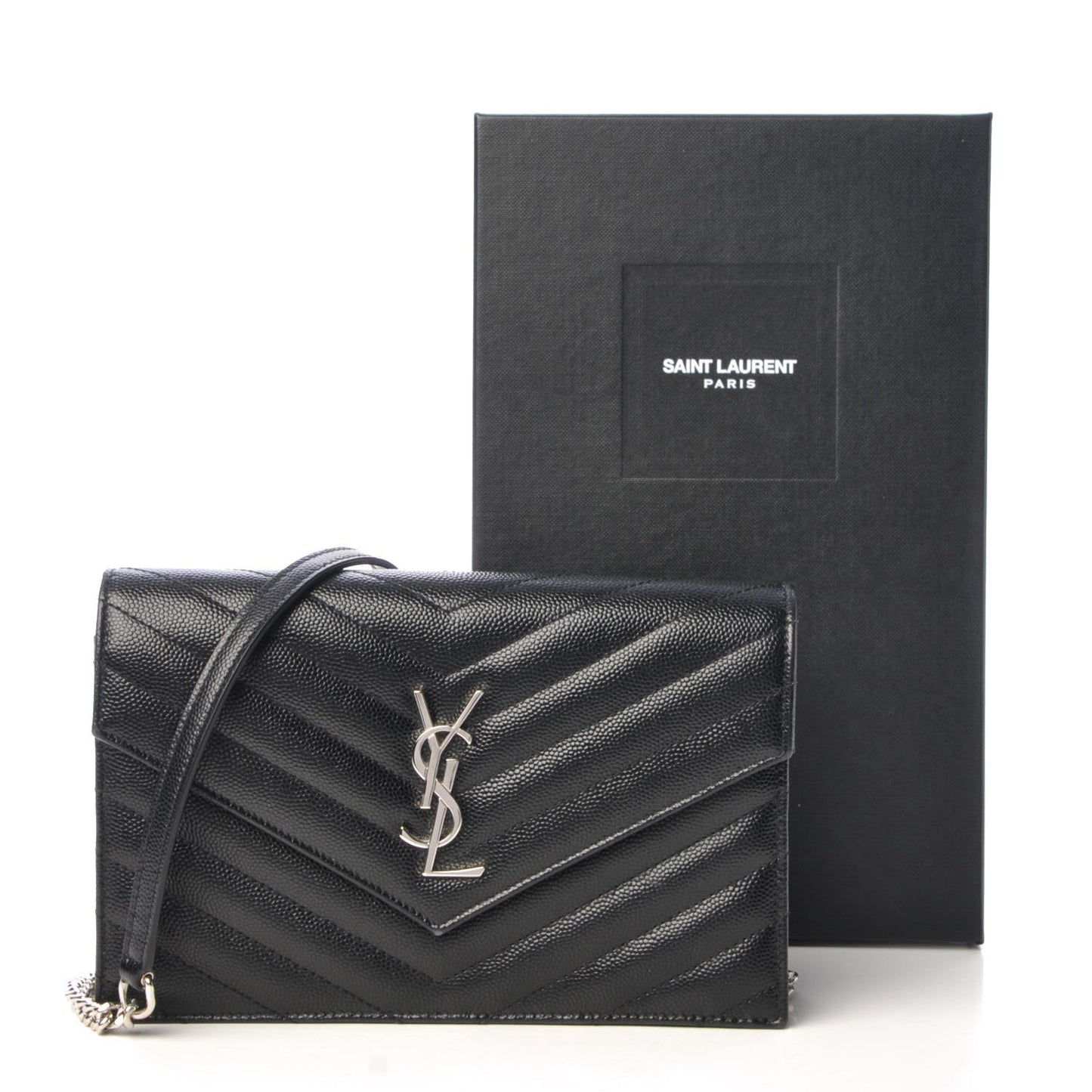 Grain De Poudre Matelasse Chevron Monogram Envelope Chain Wallet Black