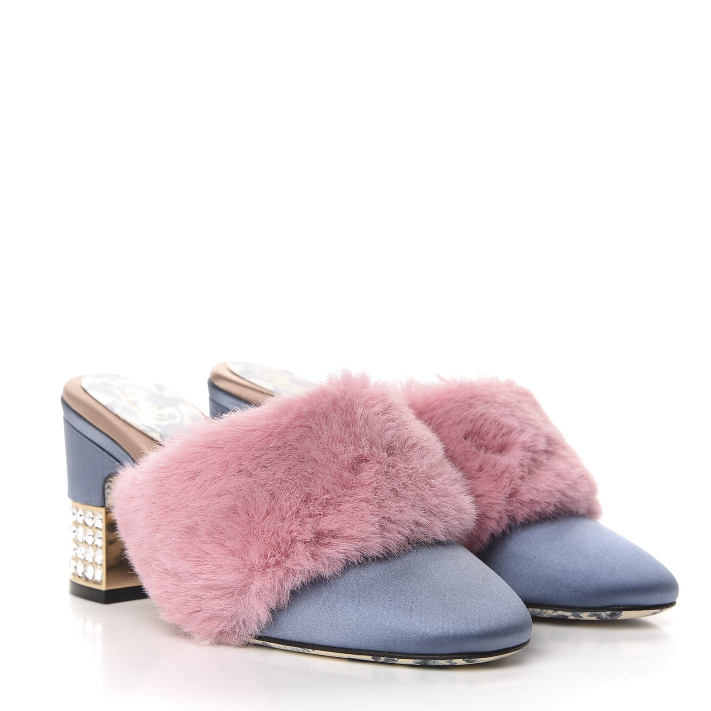 Faux Fur Silk Satin Crystal Candy Mules 35 Rosa Carta Zucchero