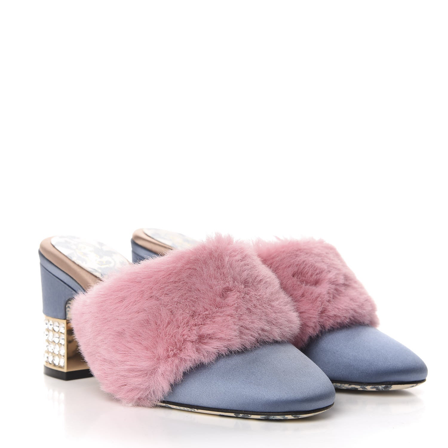 Gucci Faux Fur Silk Satin Crystal Candy Mules 35 Rosa Carta Zucchero 3 of 8