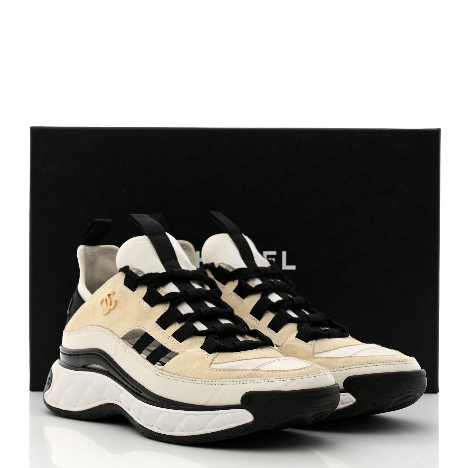 Chanel Fabric Calfskin Suede CC Sneakers 36.5 Ivory Black 9 of 9
