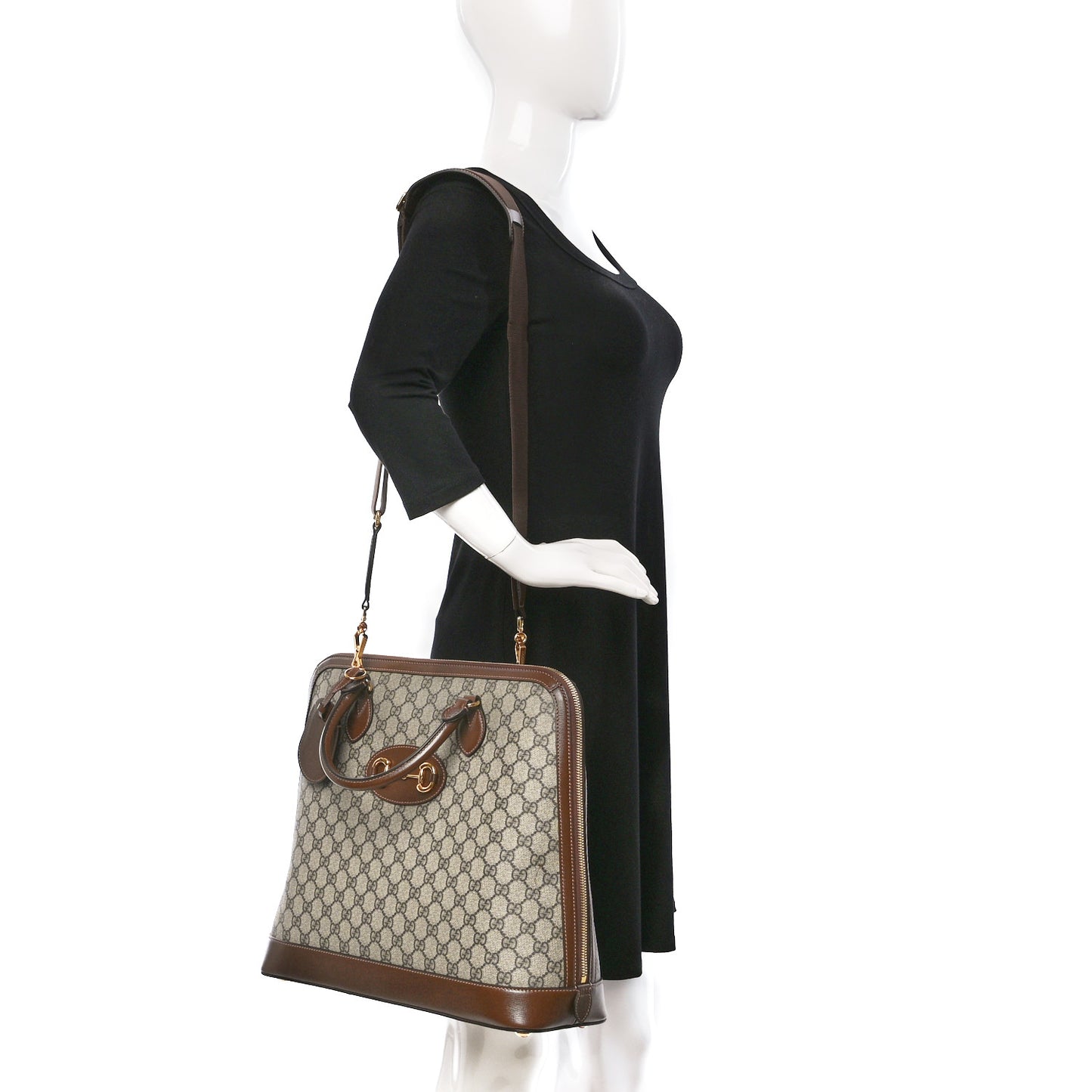 GG Supreme Monogram Azalea Calfskin Horsebit 1955 Duffle Bag Beige Ebony Brown Sugar