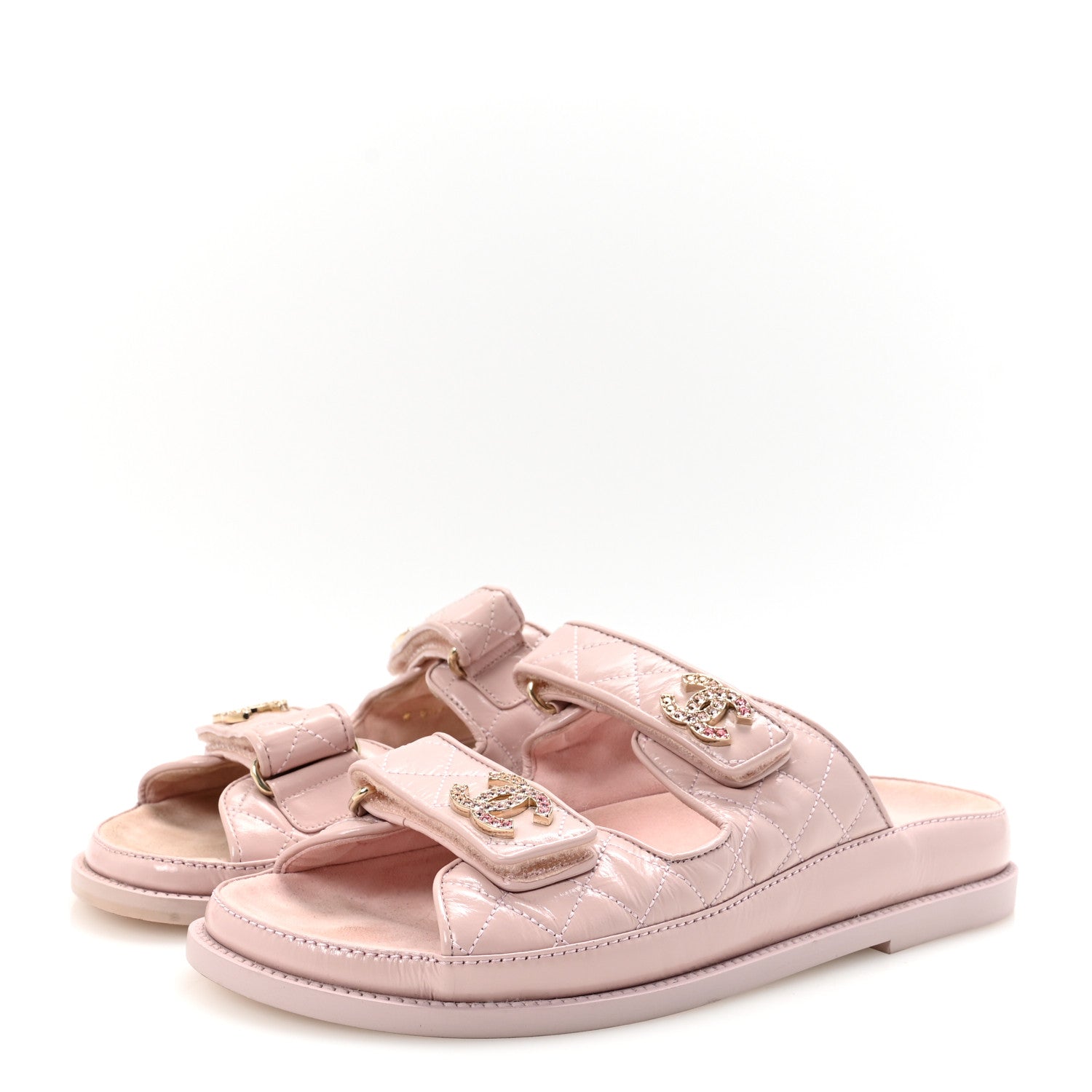 Chanel Shiny Calfskin Crystal Quilted Velcro Dad CC Slide Sandals