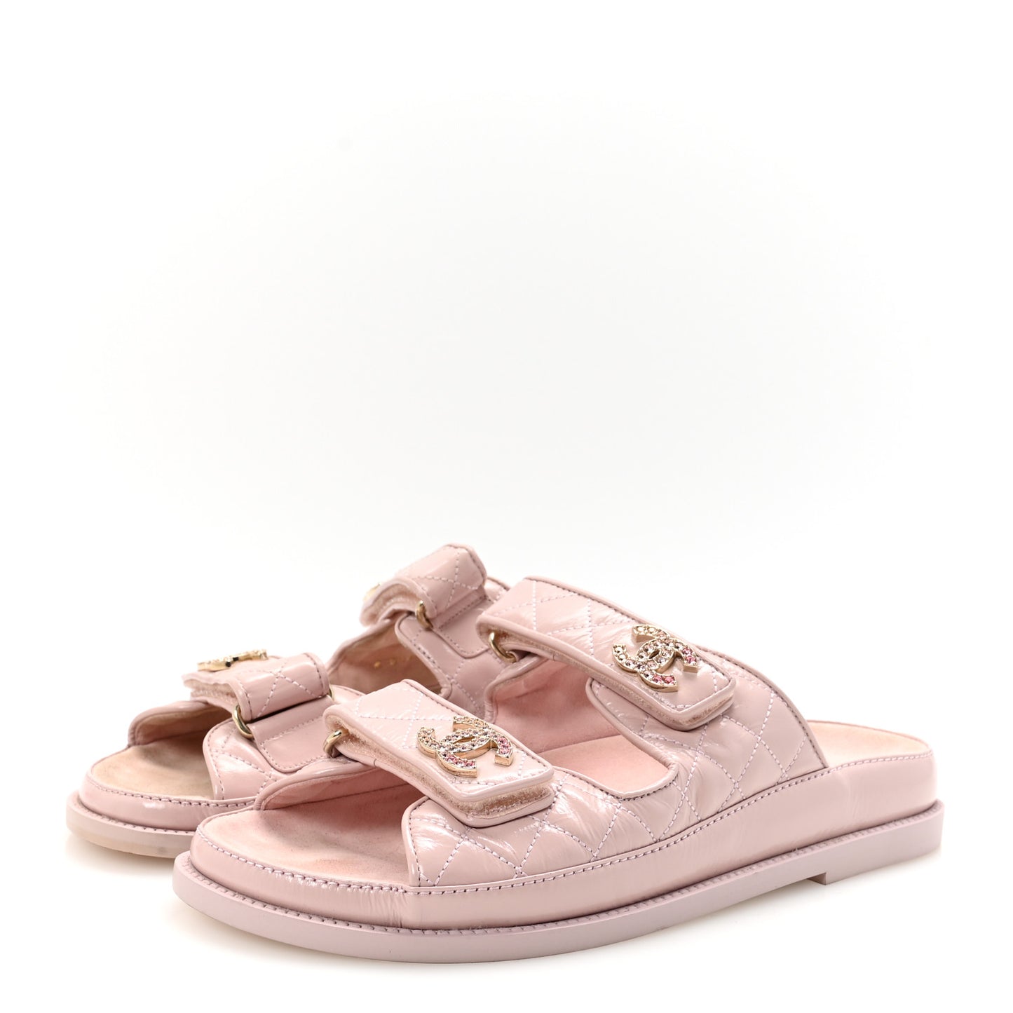 Shiny Calfskin Crystal Quilted Velcro Dad CC Slide Sandals 39 Light Pink