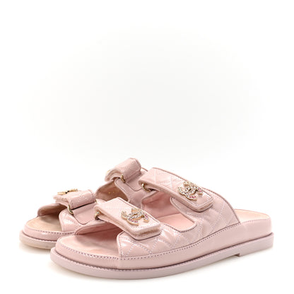 Chanel Shiny Calfskin Crystal Quilted Velcro Dad CC Slide Sandals 39 Light Pink 4 of 9