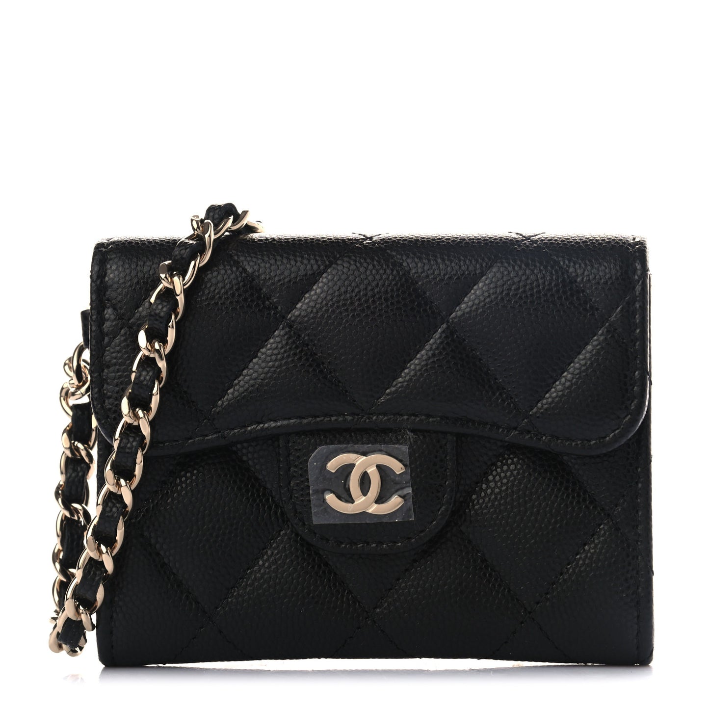 Caviar Quilted Flap Card Holder Chain Wristlet Black
