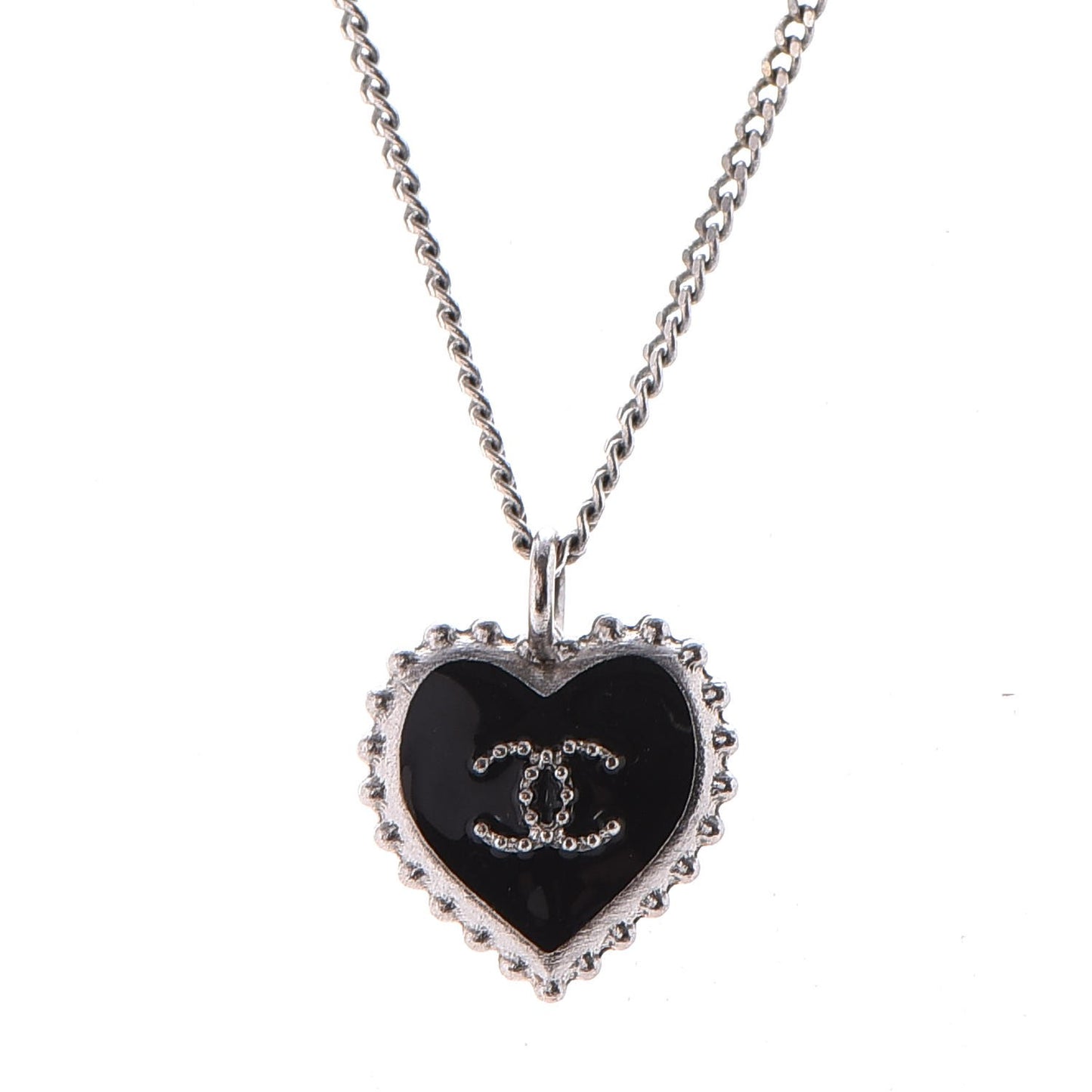 Enamel Heart CC Charm Necklace Black Silver