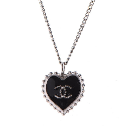 Chanel Enamel Heart CC Charm Necklace Black Silver 4 of 5