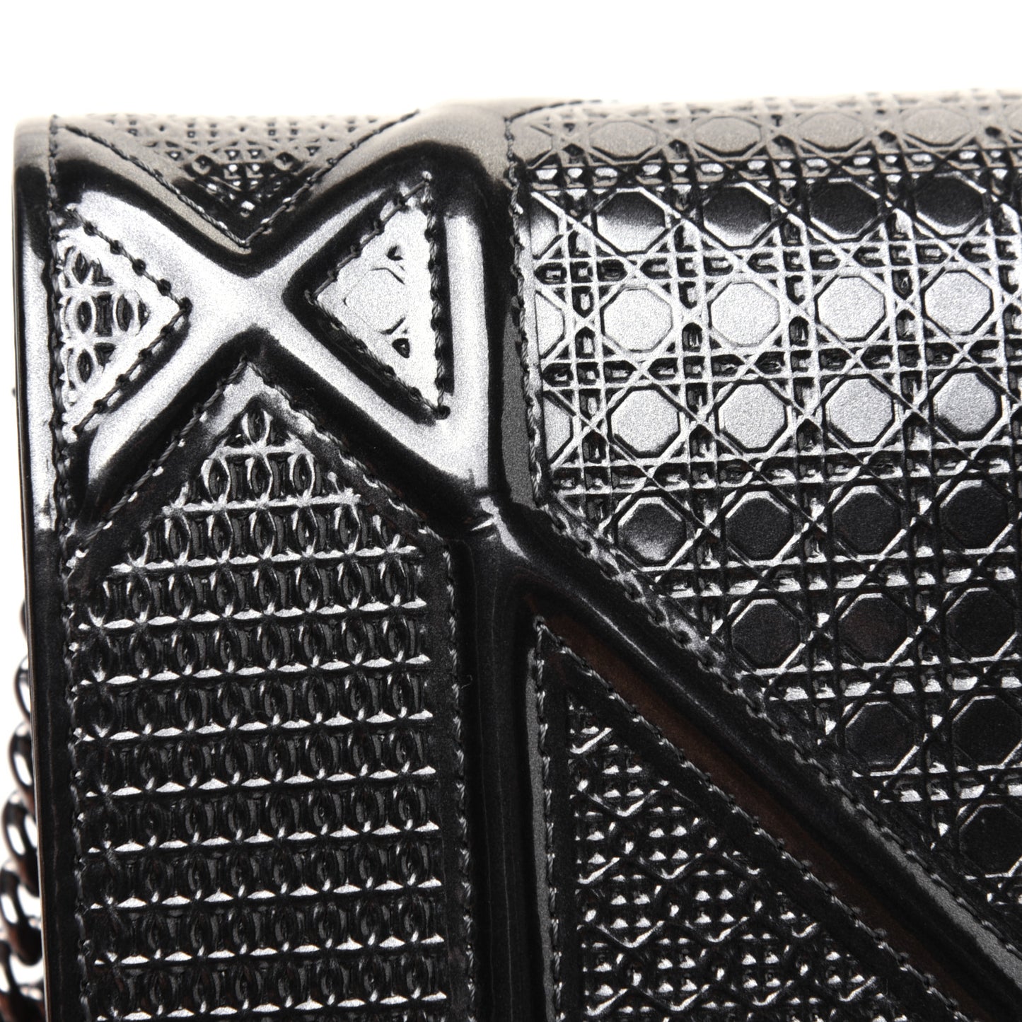 Metallic Patent Micro-Cannage Diorama Wallet on Chain Pouch Onyx Black
