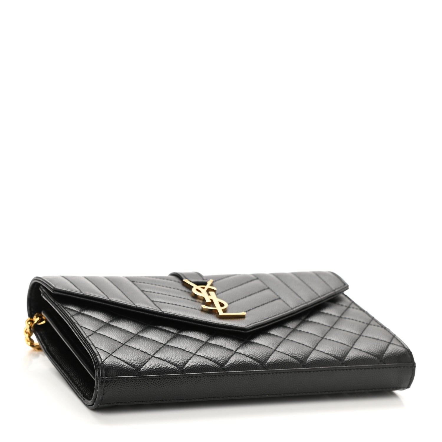 Saint Laurent Grain De Poudre Mixed Matelasse Triquilt Monogram Chain Wallet Black 4 of 8