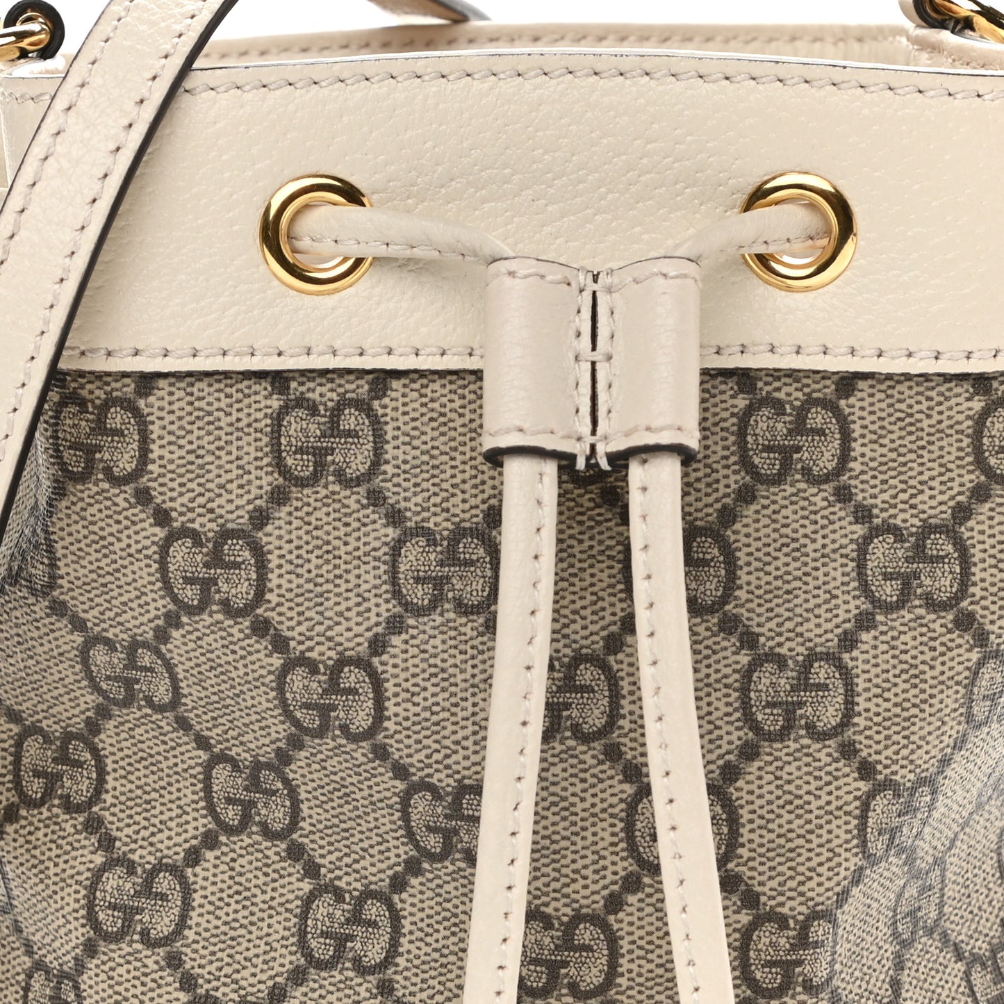 GG Supreme Monogram Textured Calfskin Web Mini Ophidia Bucket Bag Beige Ebony Mystic White