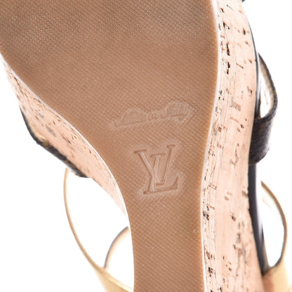 Louis Vuitton Monogram Metallic T-Strap Cork Wedge Sandals 37 Brown 9 of 10