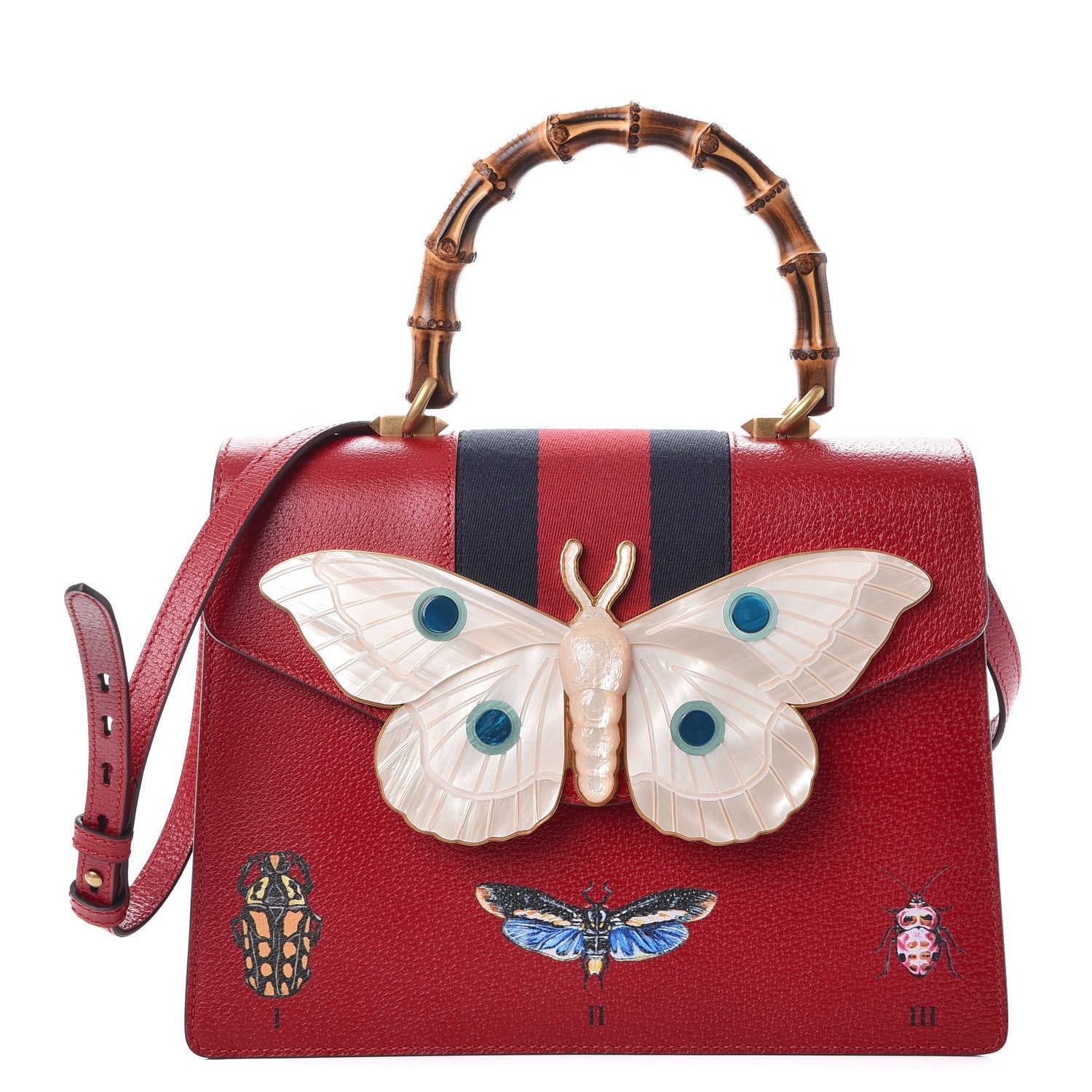 Gucci Calfskin Bamboo Web Medium Falena Moth Top Handle Bag Hibiscus Red 1 of 8
