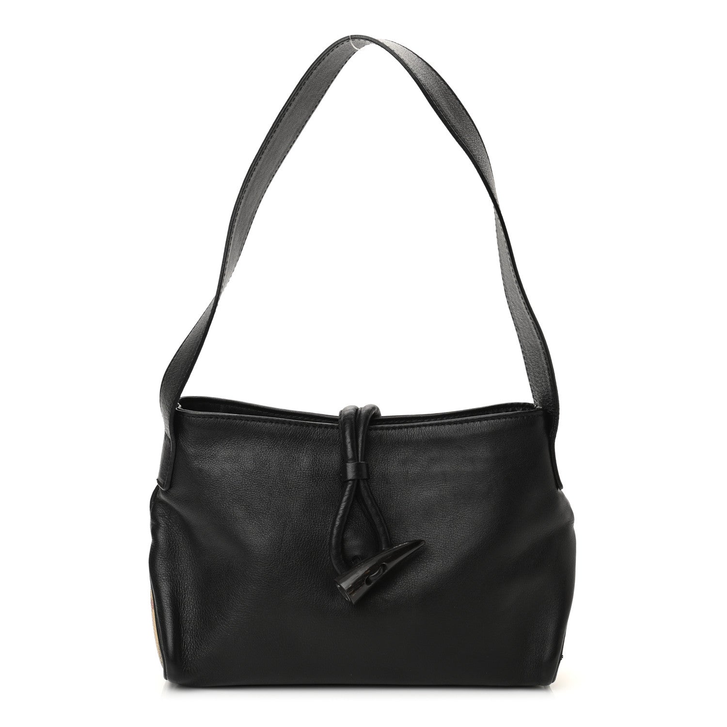 Burberry Grainy Calfskin Haymarket Check Horn Toggle Shoulder Bag Black 1 of 8