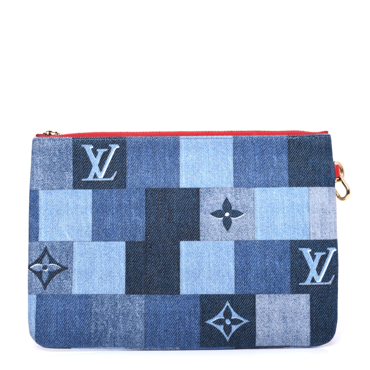 Louis Vuitton Denim Damier Monogram Patchwork Neverfull MM Pochette Bleu Rouge 1 of 10