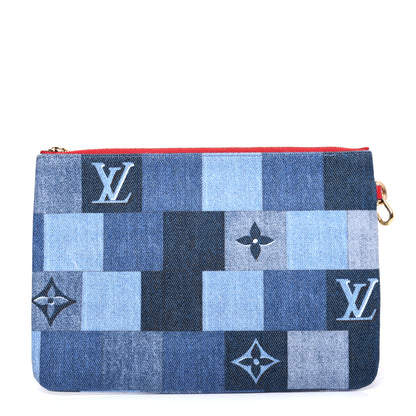 Louis Vuitton Denim Damier Monogram Patchwork Neverfull MM Pochette Bleu Rouge 1 of 10