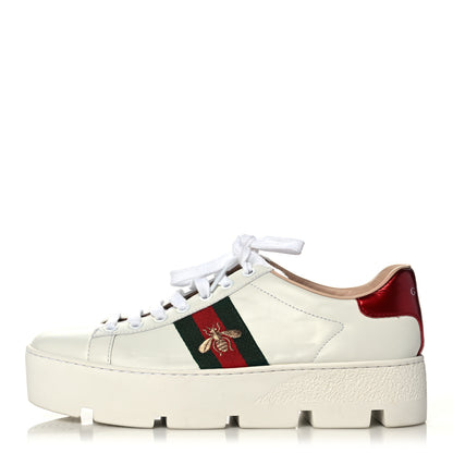 Gucci Calfskin Web Bee Embroidered Womens Ace Platform Sneakers 36.5 White 1 of 14