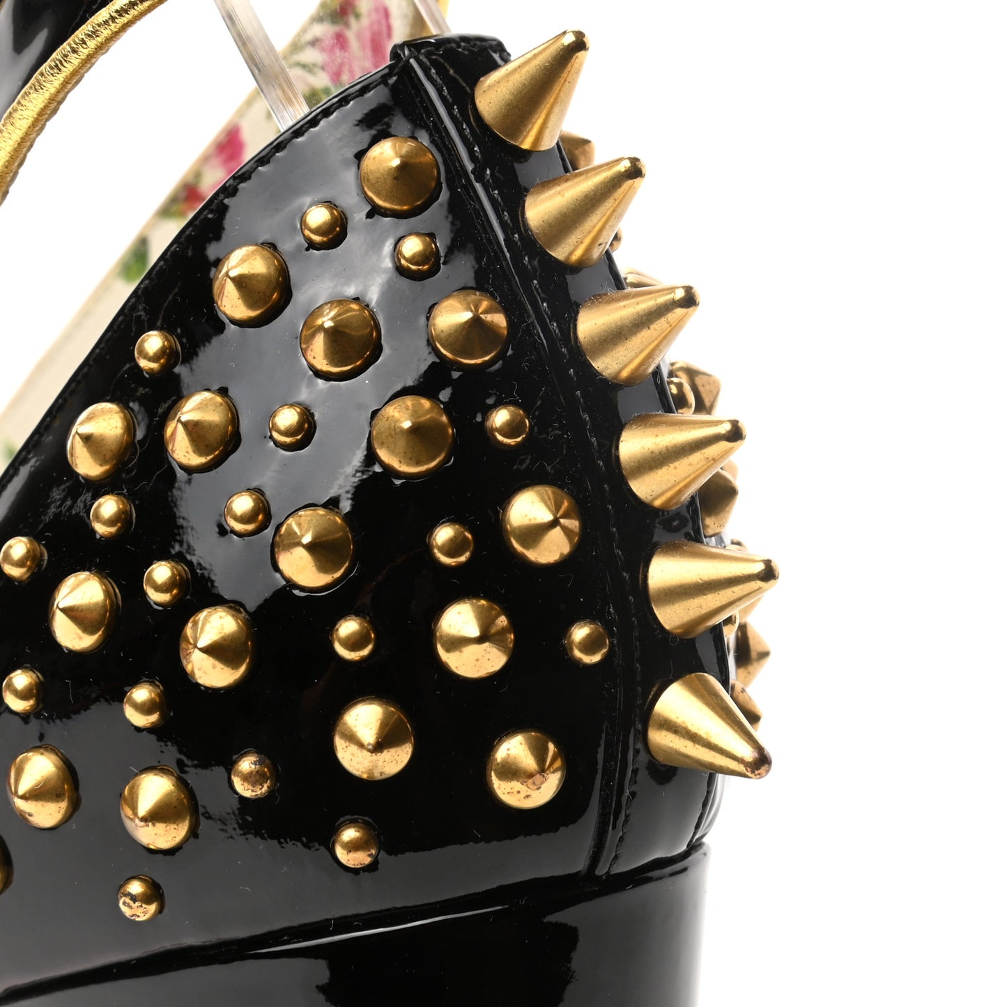 Patent Studded Crystal Block-Heel Pumps 39.5 Black Gold