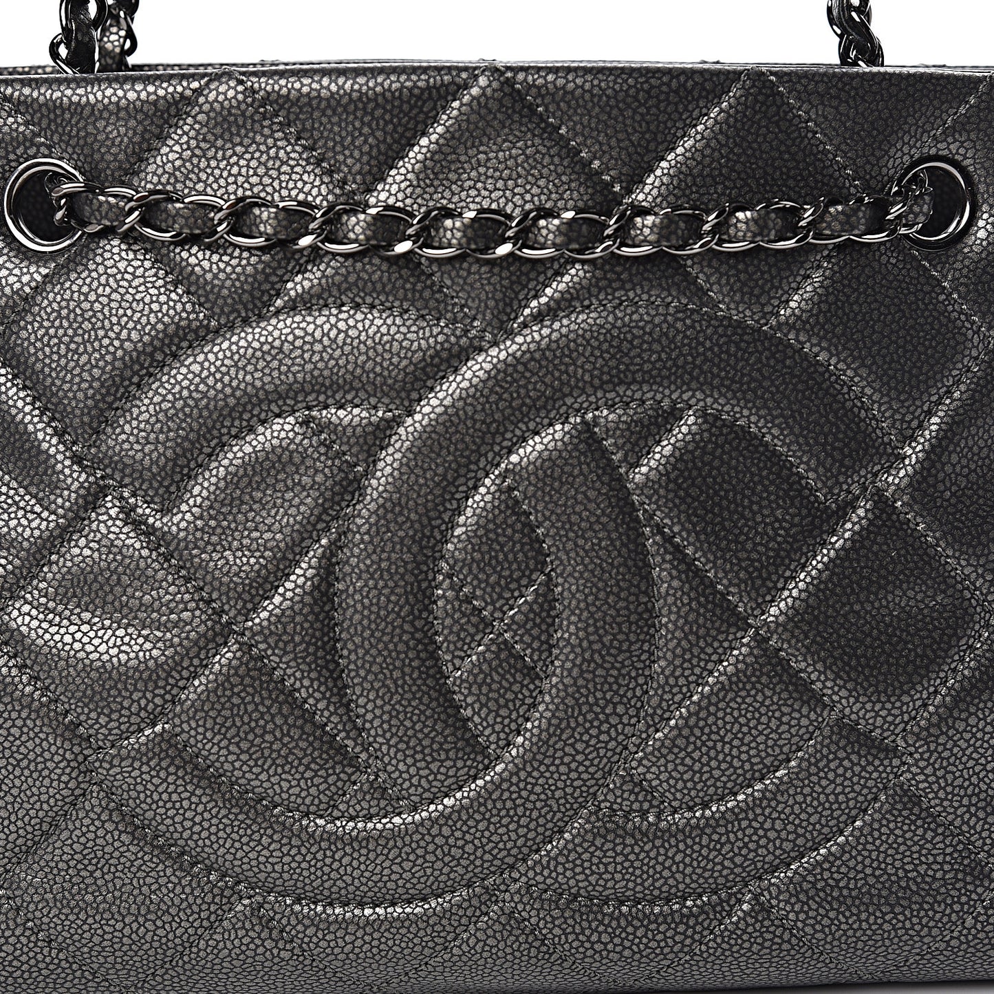 Metallic Caviar Quilted CC Tote Dark Silver