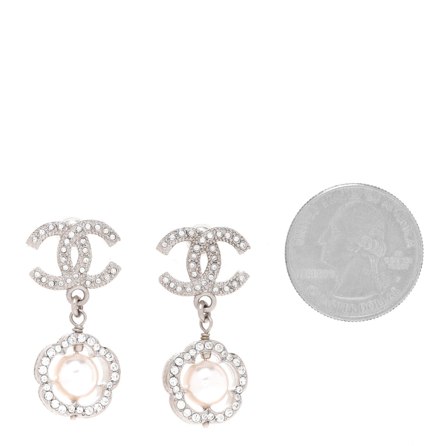 Crystal Pearl Camellia CC Coco Flapper Drop Earrings Silver