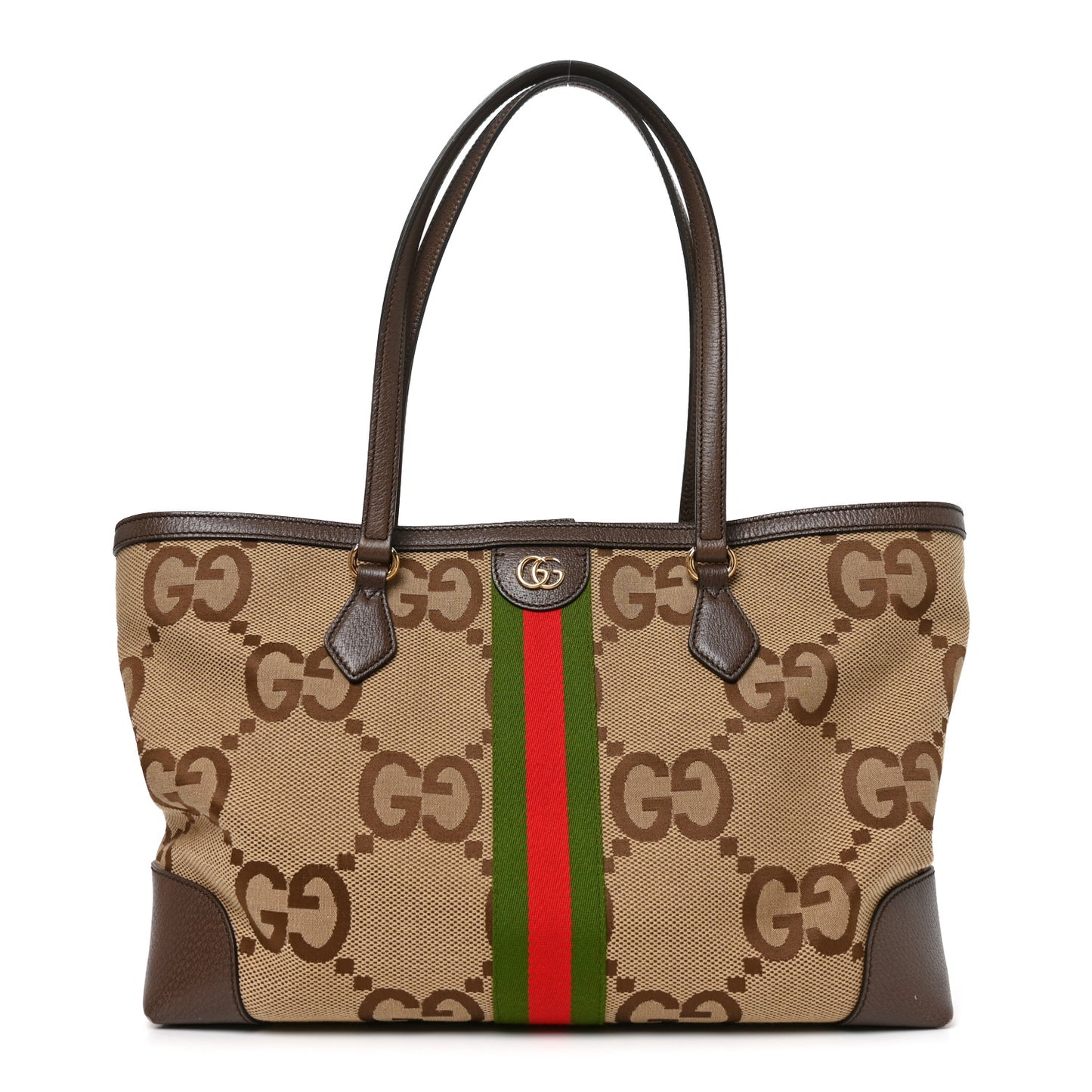 Monogram Jumbo GG Textured Dollar Calfskin Web Medium Ophidia Shopping Tote Camel Ebony