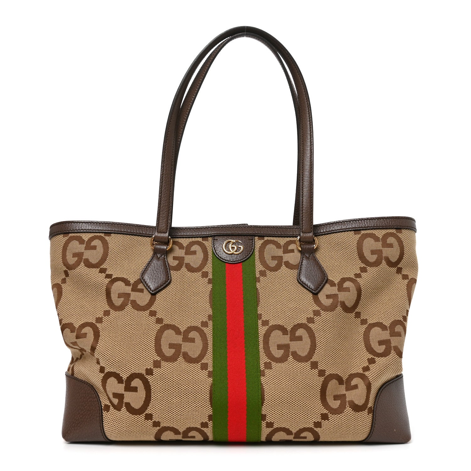 Gucci Monogram Jumbo GG Textured Dollar Calfskin Web Medium Ophidia Shopping Tote Camel Ebony 1 of 10