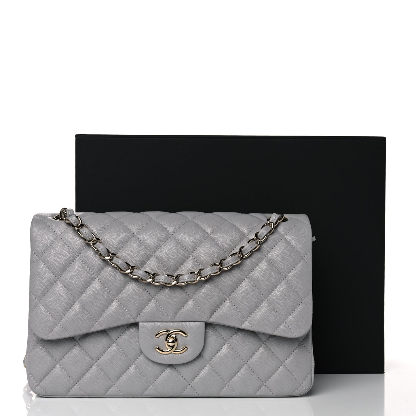Caviar Quilted Jumbo Double Flap Grey