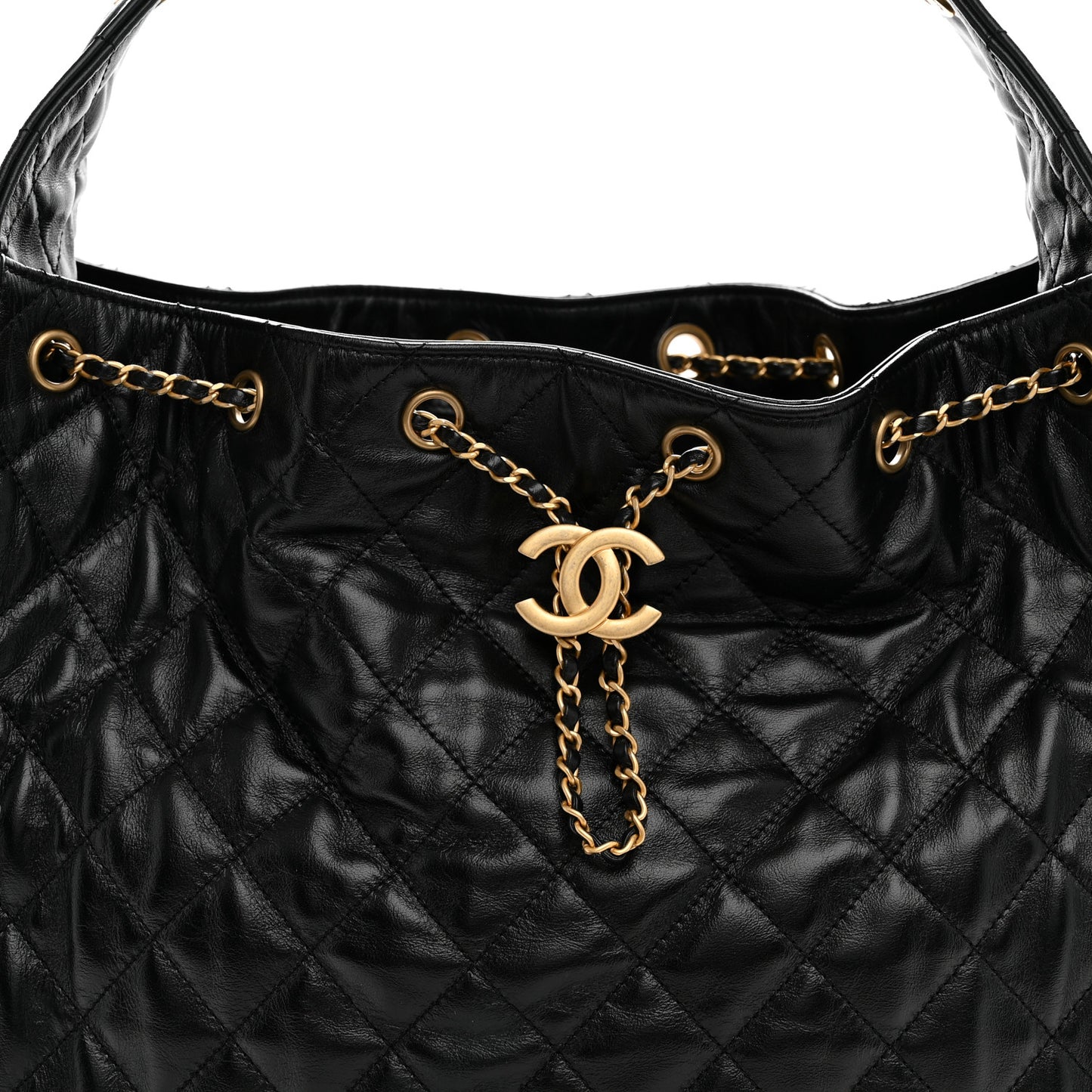 Shiny Crumpled Calfskin Quilted Medium Chanel 25 Handbag Black