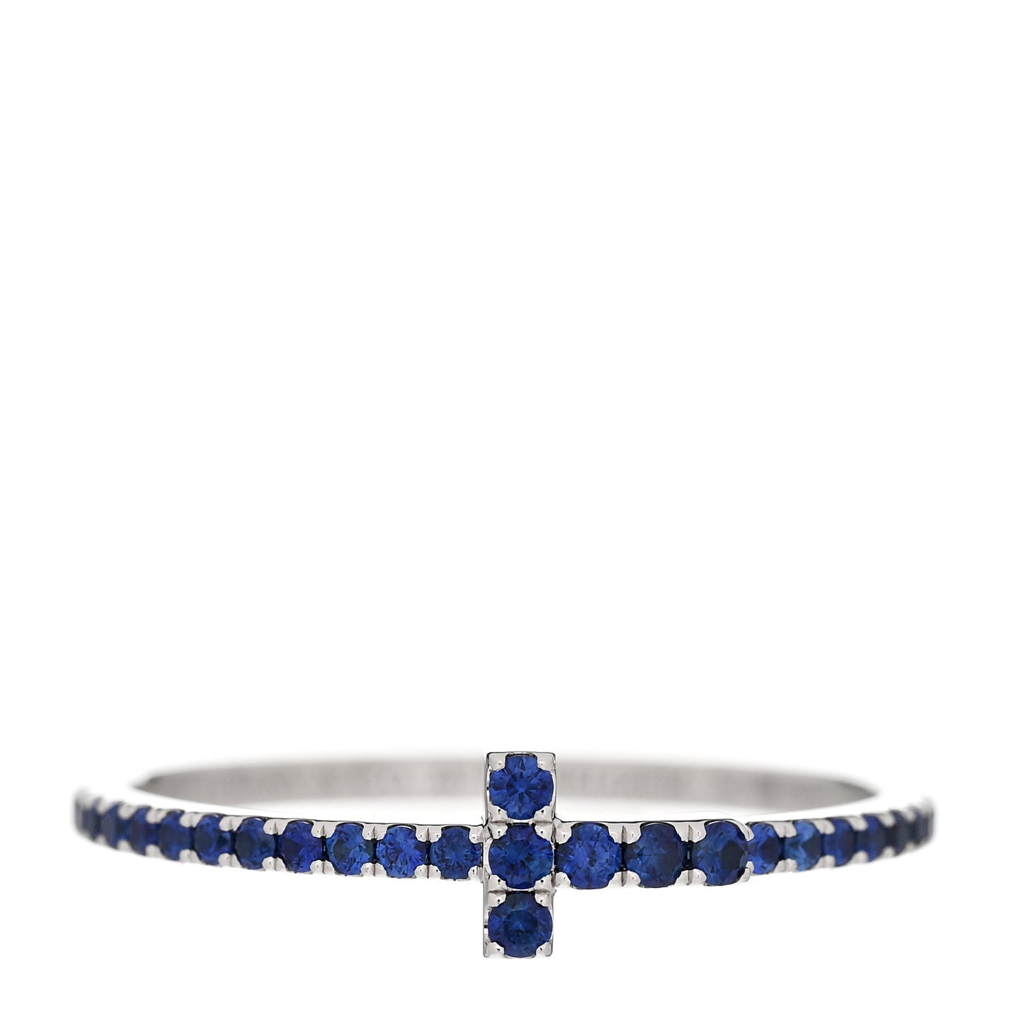 18K White Gold Blue Sapphire T Wire Pave Ring 53 6.5