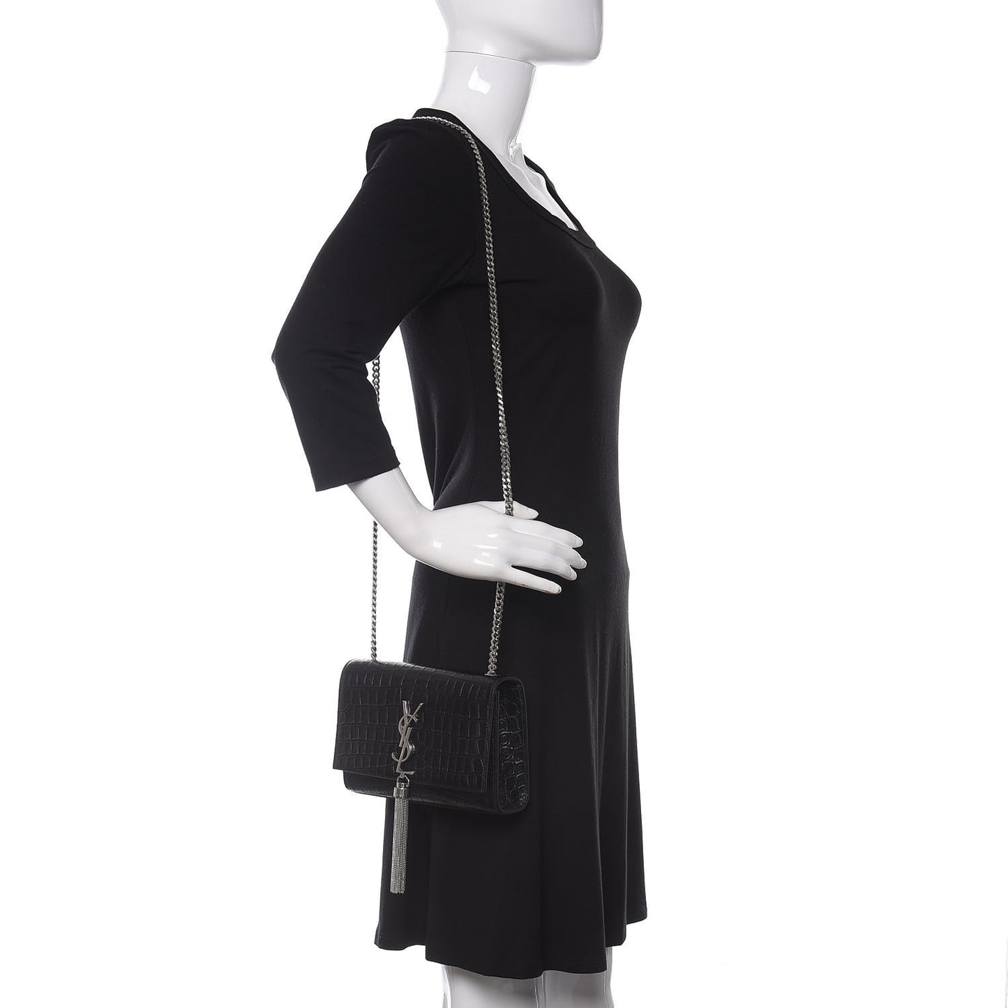 Calfskin Crocodile Embossed Small Classic Monogram Kate Tassel Satchel Black