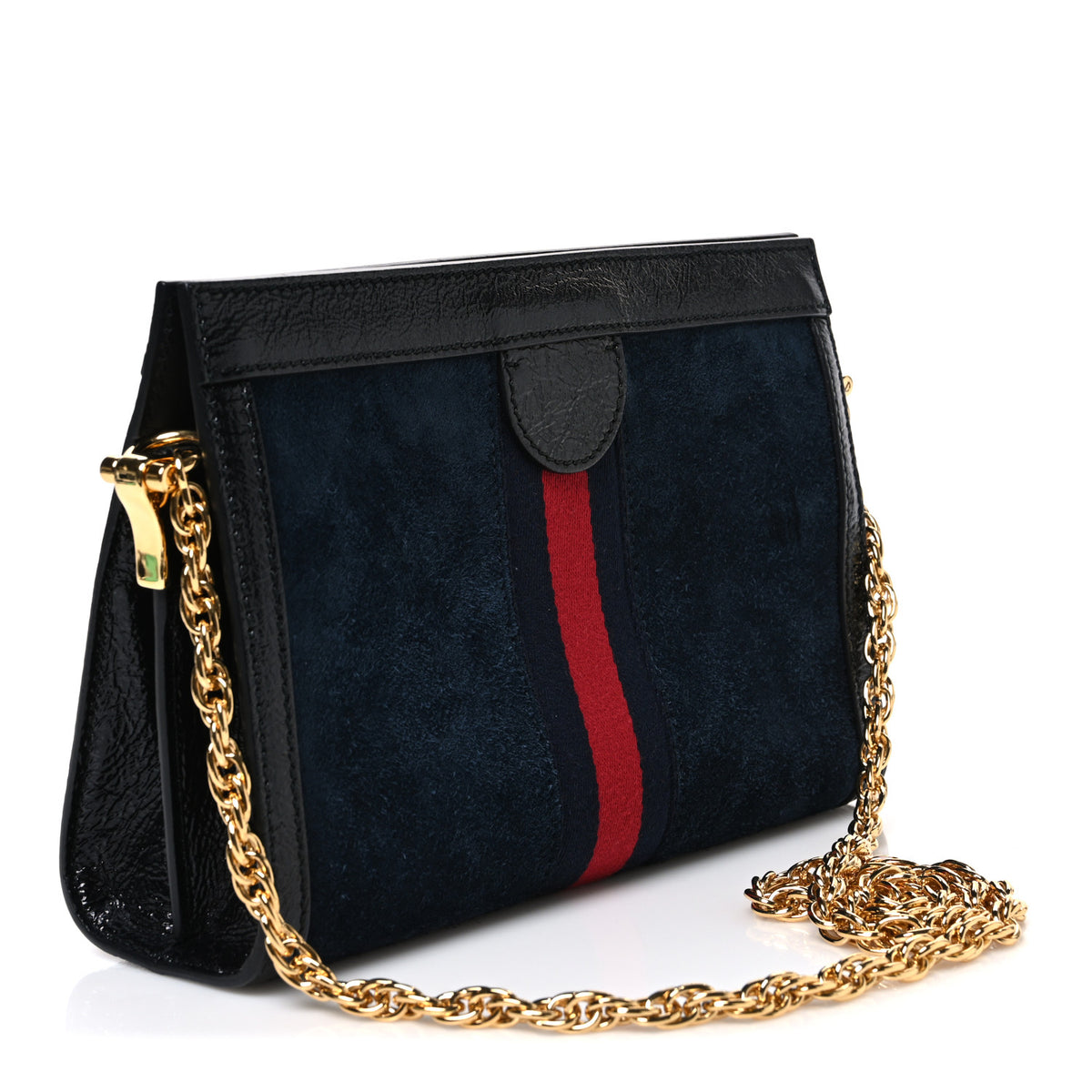 Suede Patent Web Dragon Embroidered Small Ophidia Chain Shoulder Bag Blue Black