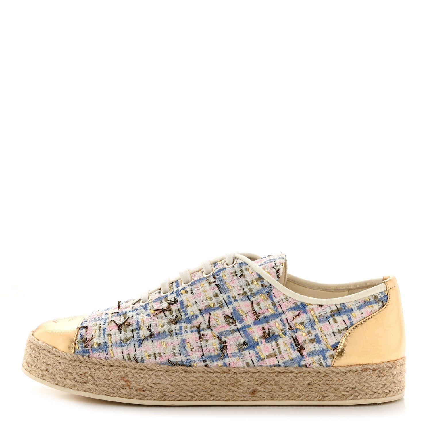 Chanel Tweed Laminated Lambskin Lace Up Espadrilles 40 Pink Blue Gold White 1 of 9