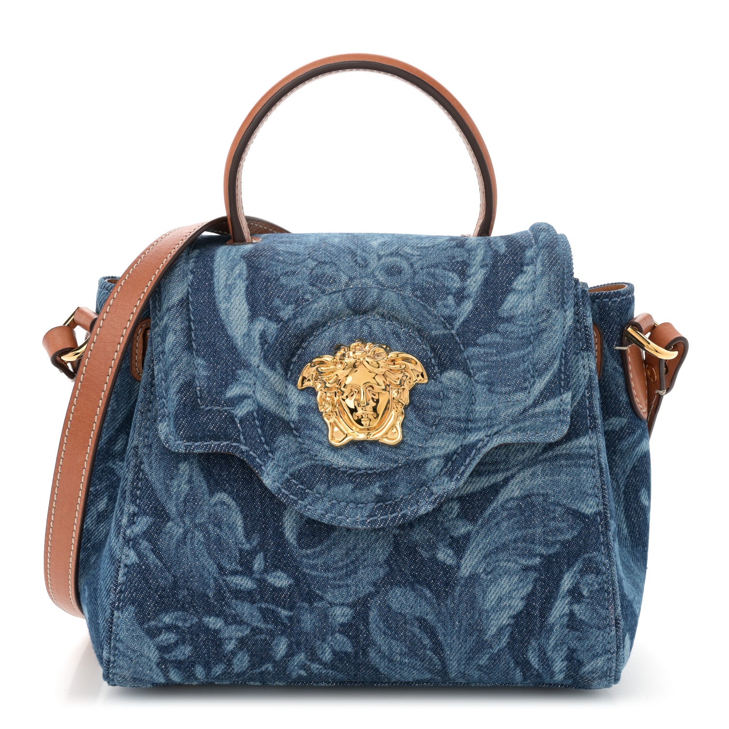 Versace Denim Barocco Small La Medusa Chain Top Handle Handbag Blue Camel 1 of 11