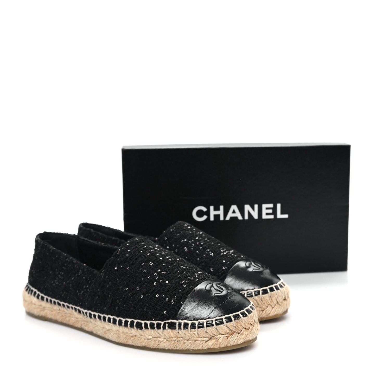 Tweed Patent Goatskin Sequin CC Espadrilles 40 Black