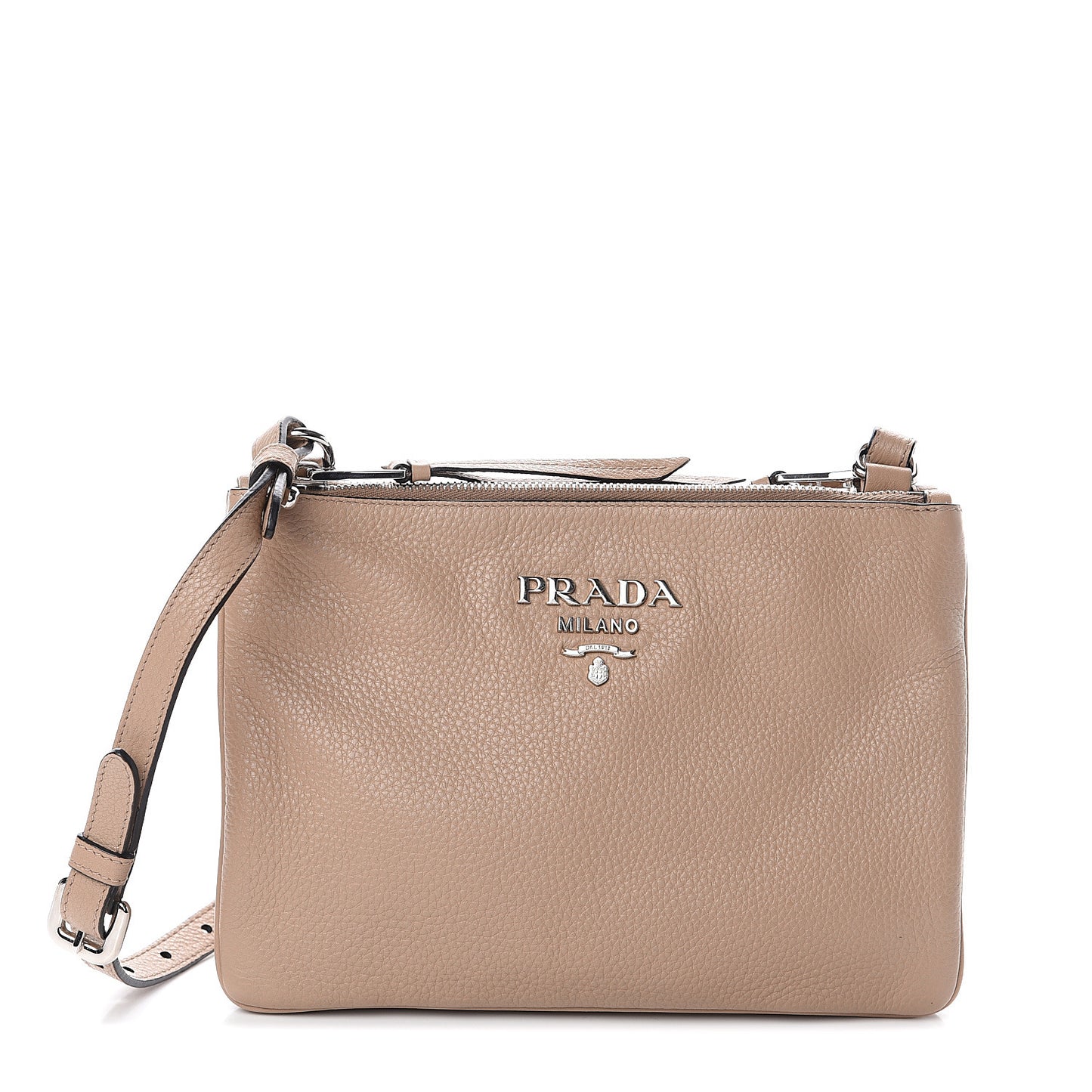 Vitello Daino Double Zip Crossbody Bag Cammeo