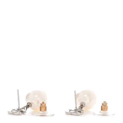 Chanel Crystal Pearl CC Drop Earrings Silver Pearly White 4 of 5