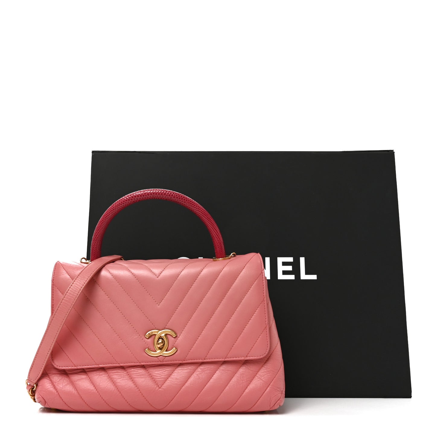 Calfskin Lizard Chevron Quilted Small Coco Handle Flap Pink