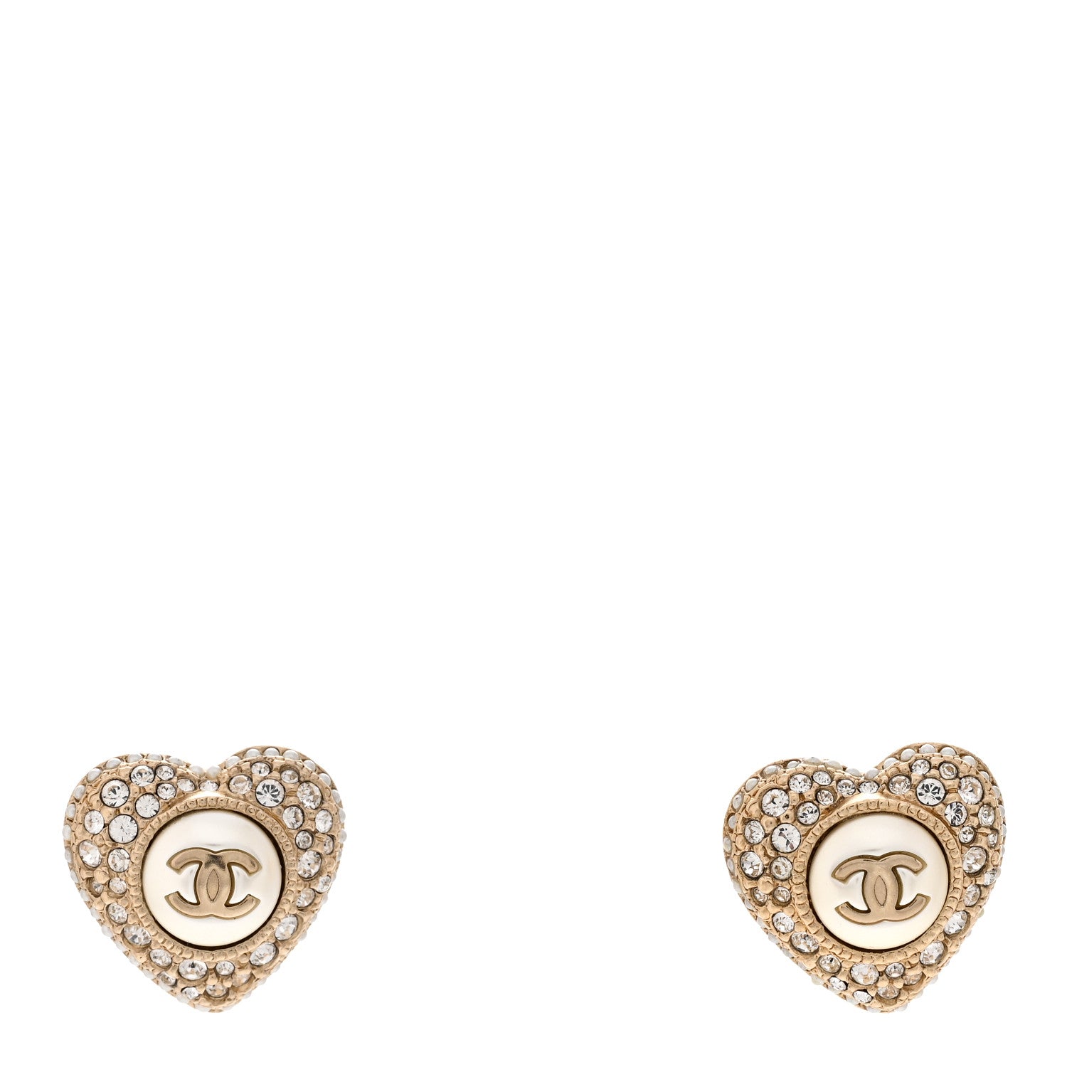 Chanel Pearl Crystal CC Heart Earrings Gold White 1 of 4