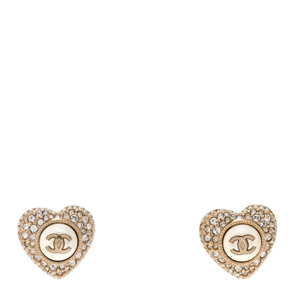 Chanel Pearl Crystal CC Heart Earrings Gold White 1 of 4