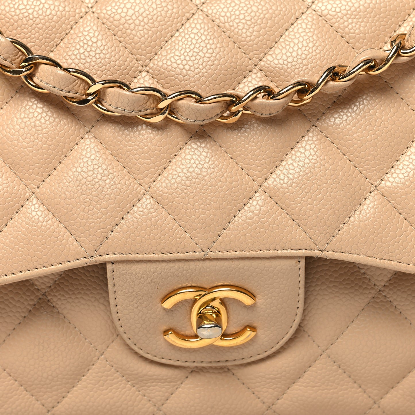 Caviar Quilted Jumbo Double Flap Beige