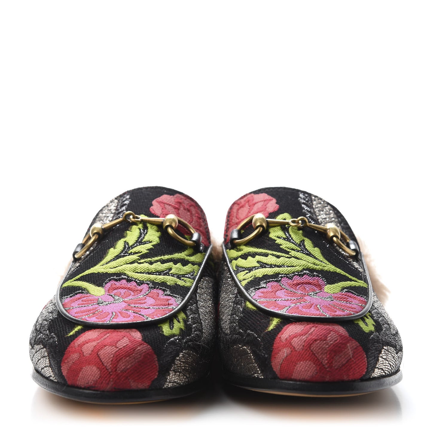 Brocade Fur Floral Womens Princetown Slippers 35.5 Black Anthracite