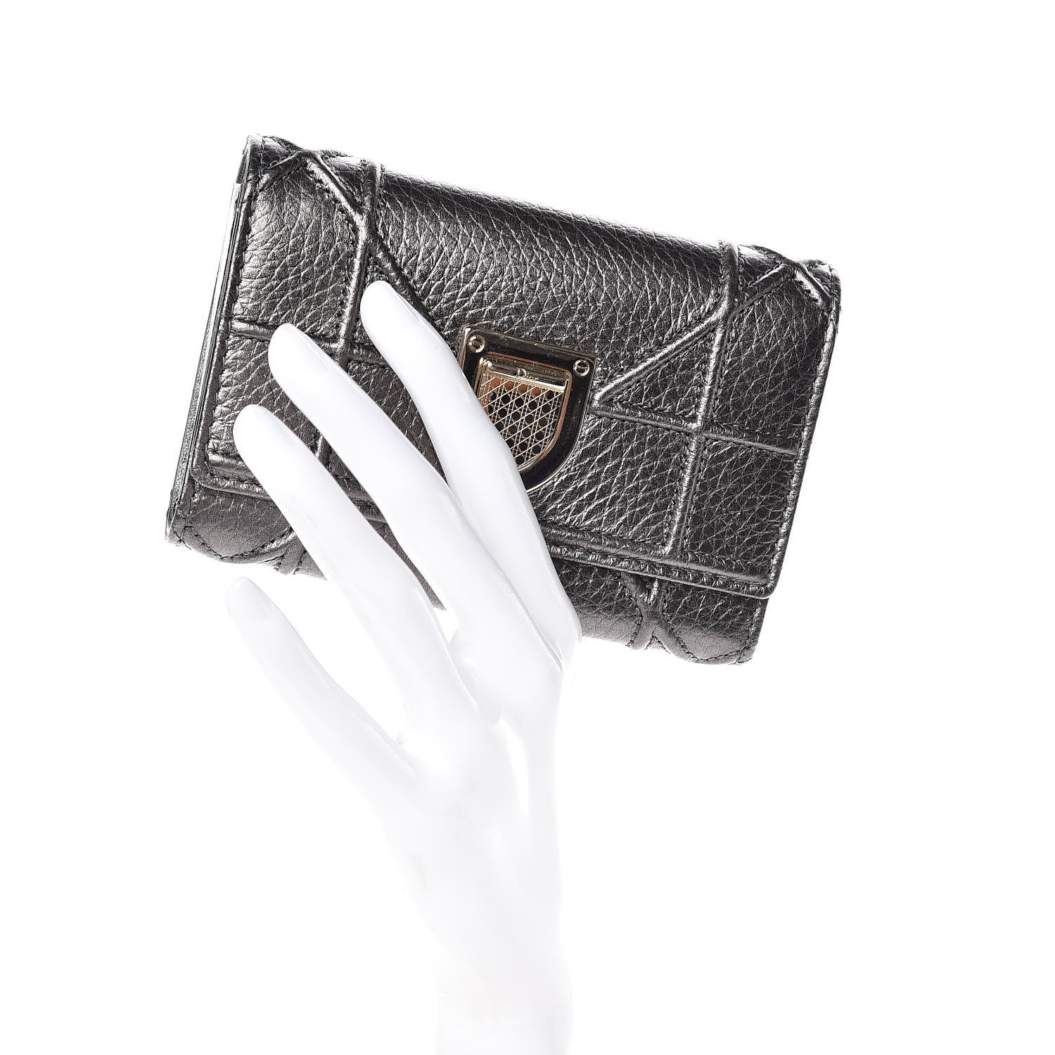 Christian Dior Metallic Grained Calfskin Cannage Diorama Elancee Wallet Gunmetal Grey 2 of 9