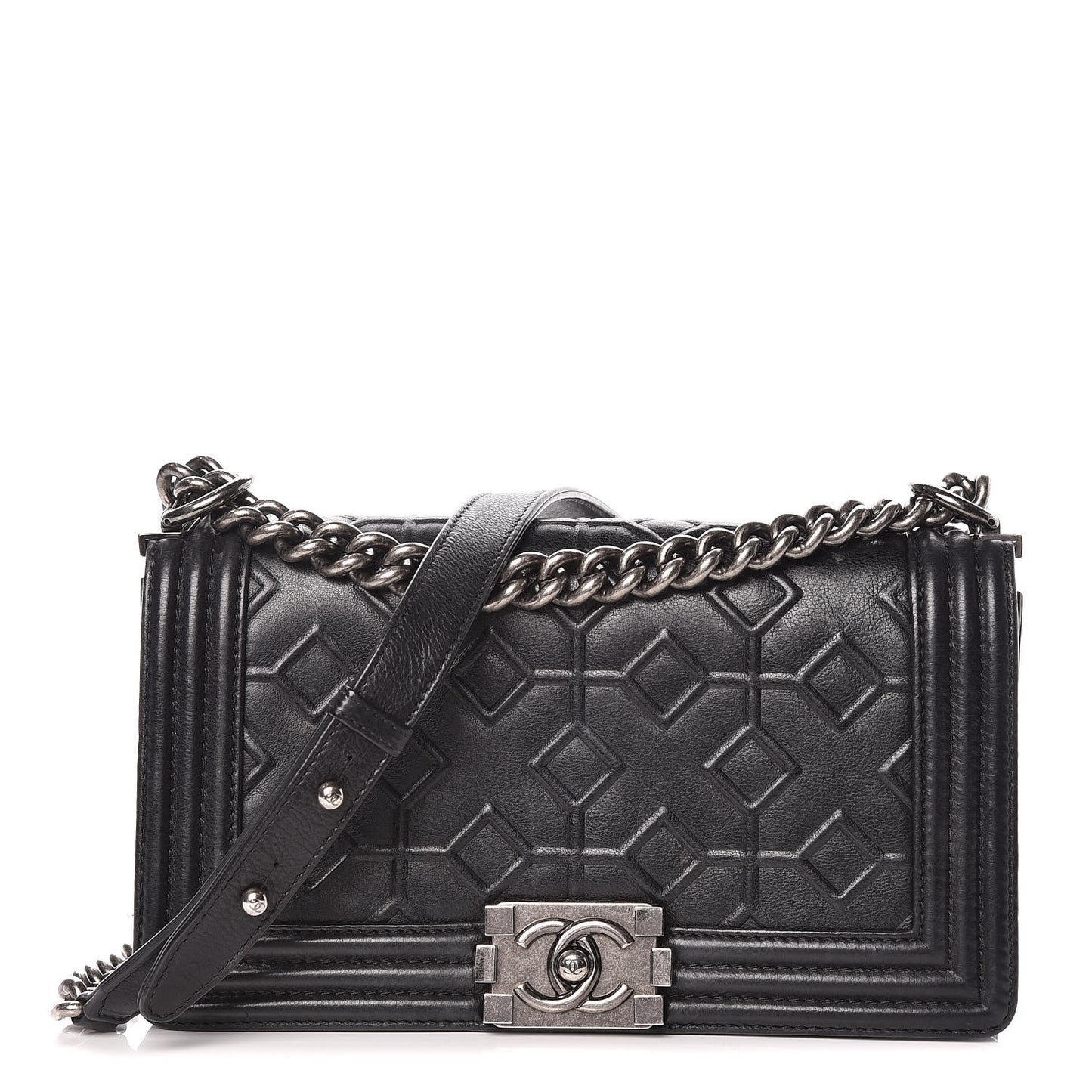 Calfskin Crystal Embossed Medium Boy Flap Black