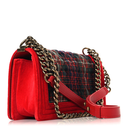 Chanel Velvet Plaid Tartan Quilted Medium Boy Flap Red 3 of 11