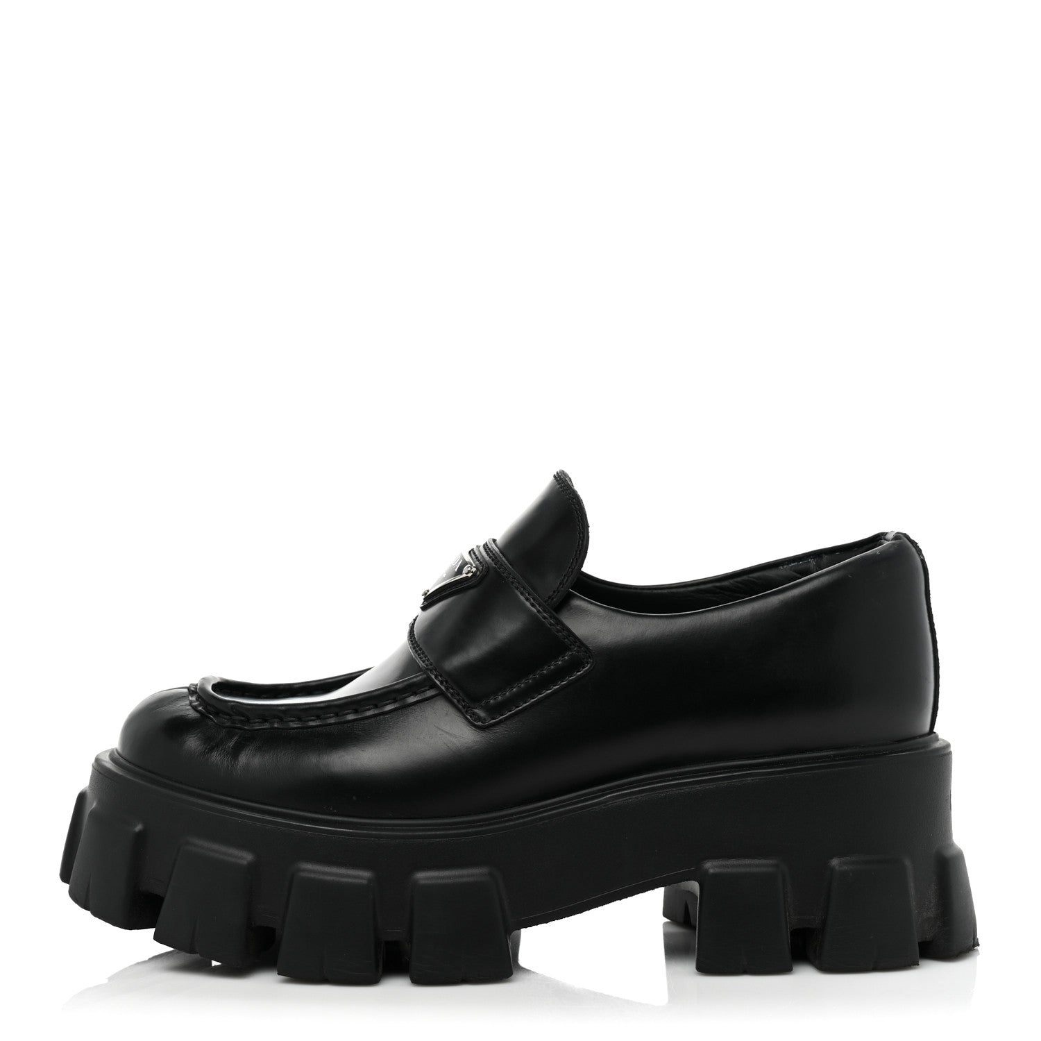 Prada Spazzolato Rois Metal Triangle Logo Monolith 55mm Loafers 37.5 Black 1 of 23