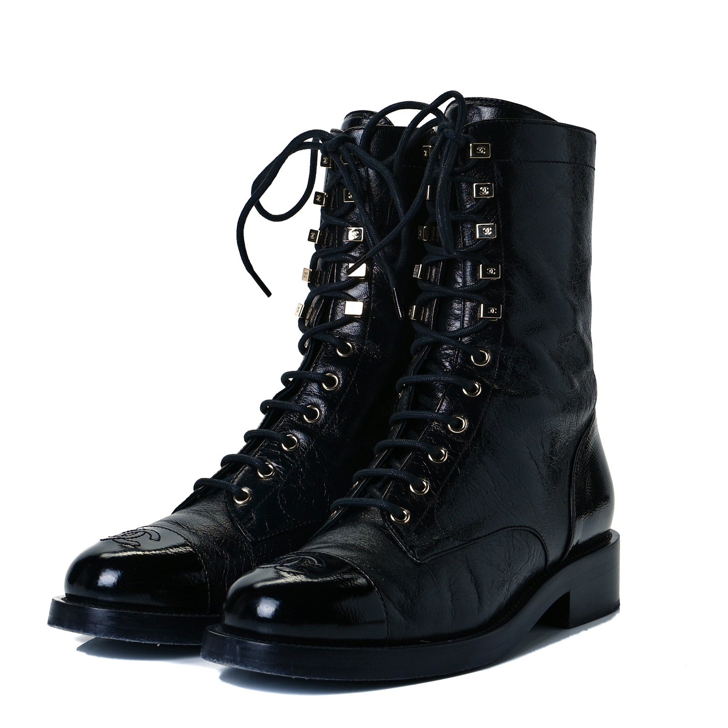 Crumpled Calfskin Lace Up Combat Boots 39.5 Black