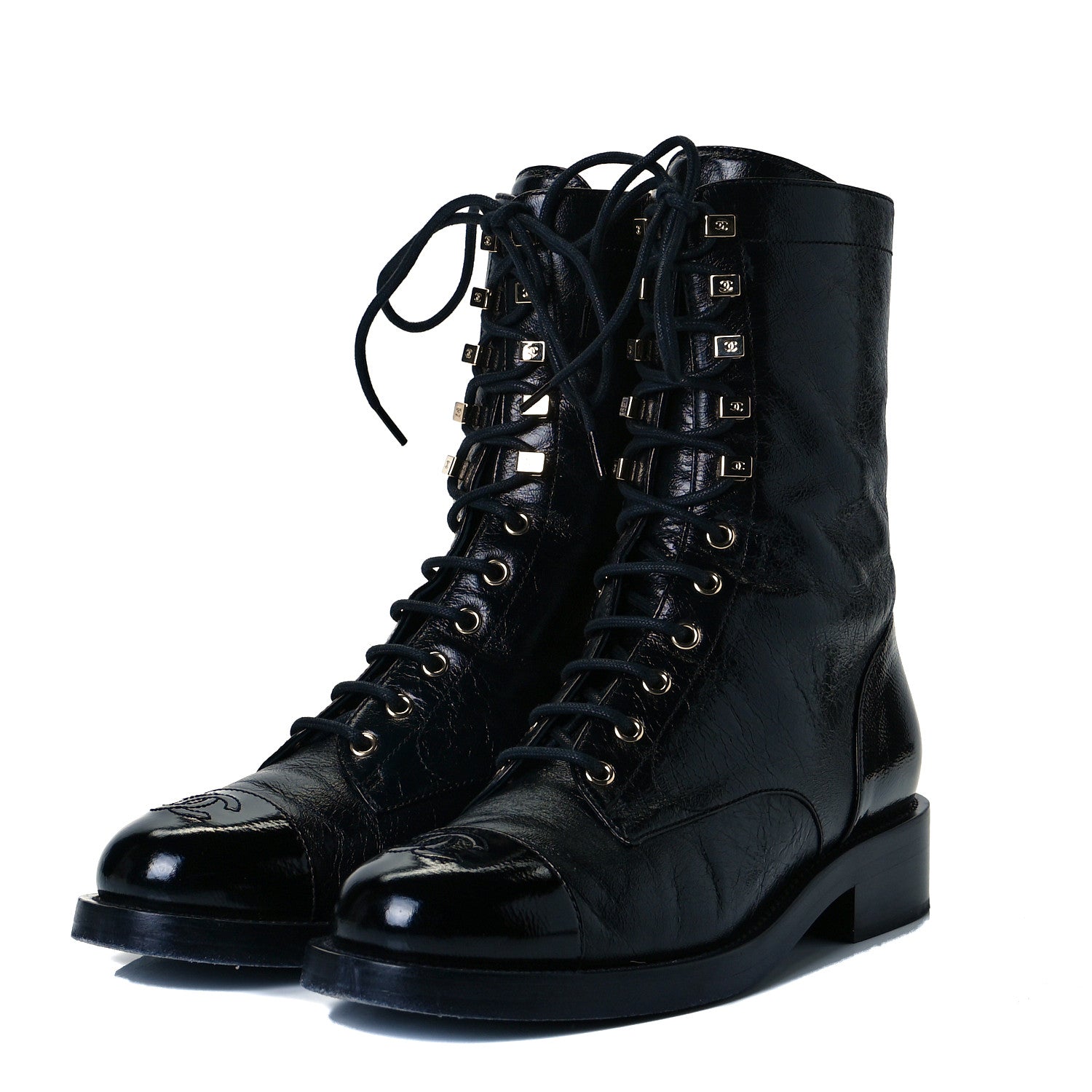 Chanel Crumpled Calfskin Lace Up Combat Boots 39.5 Black 2 of 8