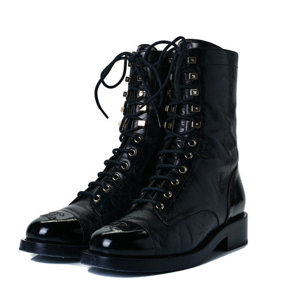 Chanel Crumpled Calfskin Lace Up Combat Boots 39.5 Black 2 of 8
