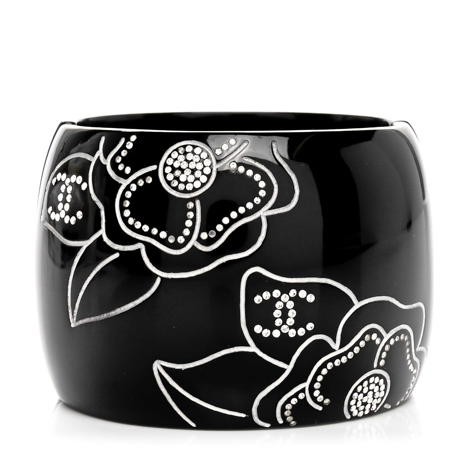 Chanel Resin Crystal Camellia CC Cuff Bracelet Black Silver 3 of 4